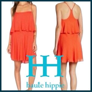 Haute Hippie Silk Red Coral Tiered Racer Back Mini Dress (L)